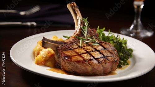 This stunning food shot captures a savory and indulgent bonein veal chop, carefully seared to perfection. The goldenbrown crust gives way to a tender interior, with the bone enhancing the photo