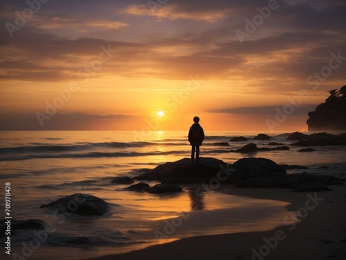 Dusk Whispers  A Serene Tale of a Lone Boy  Sunset s Embrace  and the Tranquil Symphony of Contemplation by the Silent Sea
