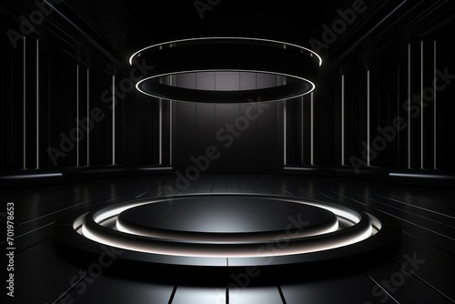 Black, white realistic cylinder pedestal podium set with curtain in circle window. Vector abstract studio room with 3D geometric platform. Luxury minimal scene for products showcase