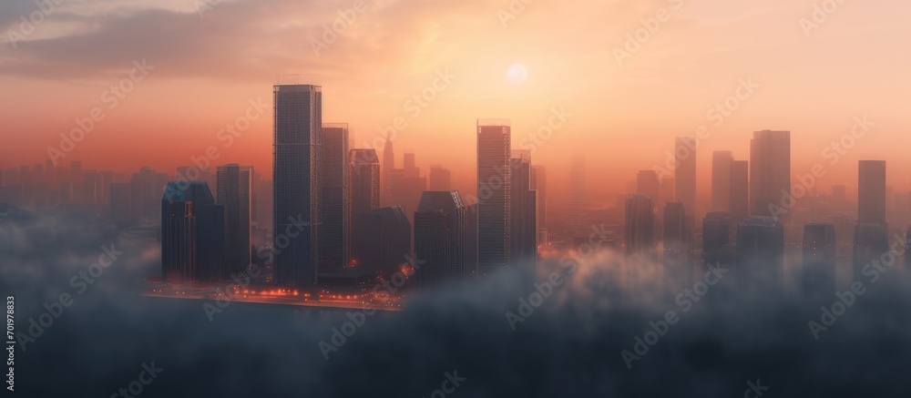 The city buildings are covered in thick fog, with a background of the glow of the rising sun, orange and blue