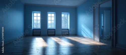 The blue light of the sun passes through the window in the empty room