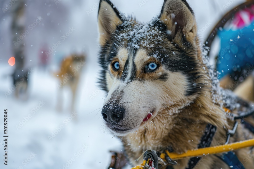 A husky, covered in a dusting of snow, stands at the helm of a brightly colored sled, its piercing blue eyes focused intently on the path ahead
