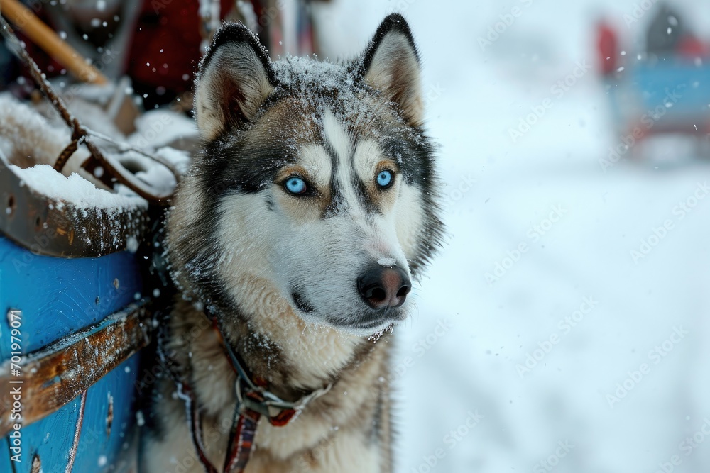 A husky, covered in a dusting of snow, stands at the helm of a brightly colored sled, its piercing blue eyes focused intently on the path ahead