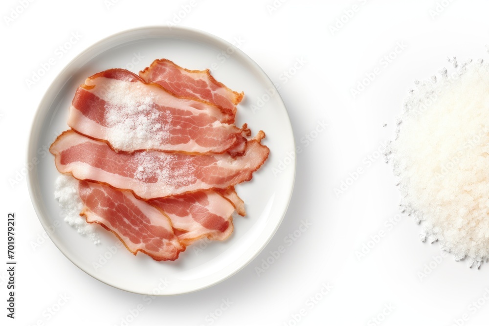 Bacon on white round plate with salt near top view. English breakfast concept