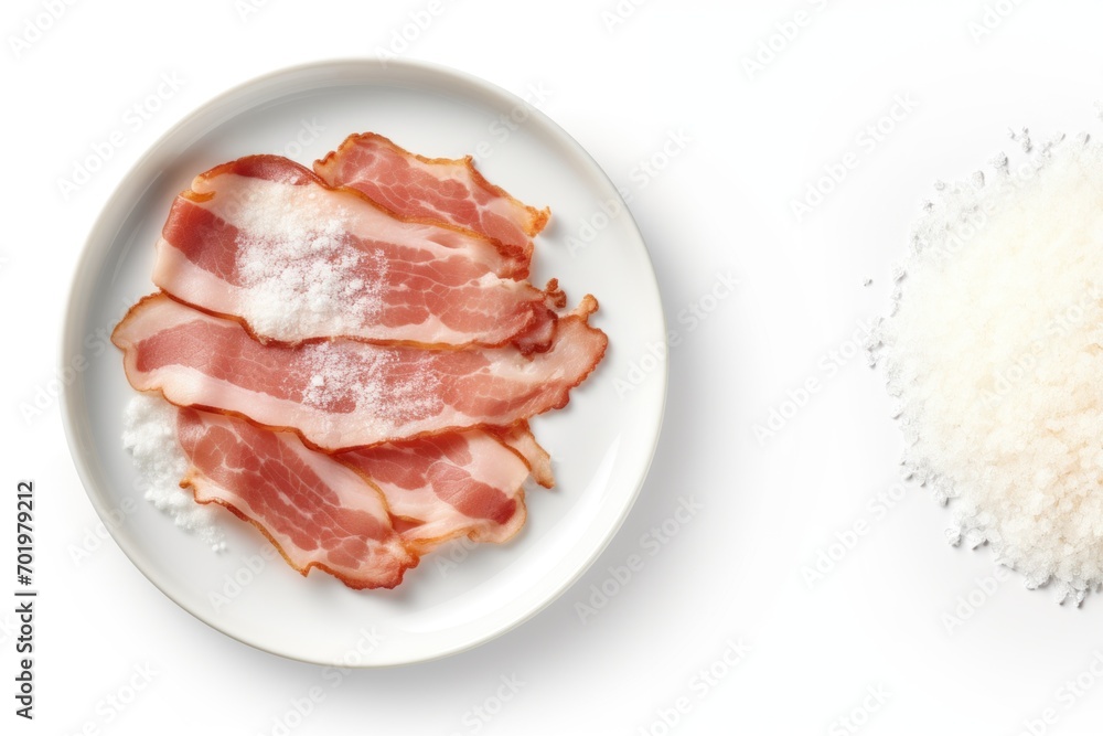 Bacon on white round plate with salt near top view. English breakfast concept Bacon on white round plate with salt near top view. English breakfast concept