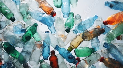 Empty smashed plastic bottles on the light background top view. Environmental and ecological safety concept. Plastic wastes pollution