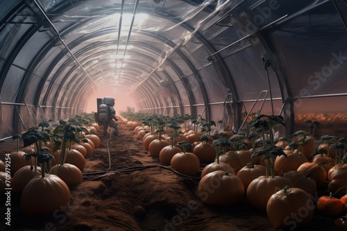 Greenhouse on Mars surface. Concept of agriculture and farming on new planets. Vegetable plantations and food production in space