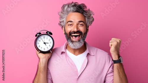 Smiling adult man on pink background holding alarm clock. Time management and time save concept