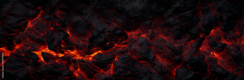 Halloween molten lava texture background. Burning fire coles concept of armageddon hell. Fiery lava and rock backdrop with atmospheric light, grunge glowing texture wide banner by Vita - obrazy, fototapety, plakaty 