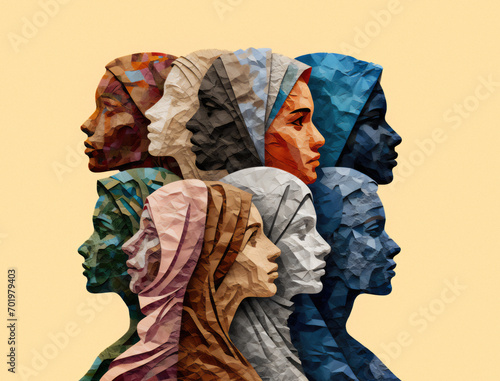 Black history month, diversity concept, group of women various ethnic groups wearing a scarf, isolated background, illustration with crumpled paper photo