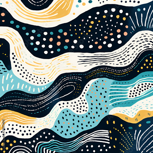 Seamless abstract pattern with waves, splashes, ink stains, chalk stripes, marker lines