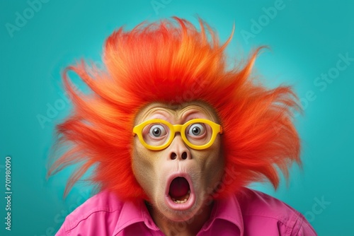Retro hair style ape is shocked on bright background, concept of shocked emotions