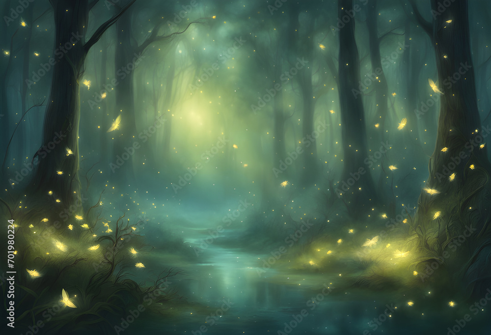 An forest with fireflies, cartoon