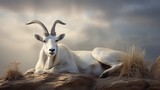 Capture the essence of an Addax in a tranquil setting, portraying the animal in a moment of rest with realistic lighting.