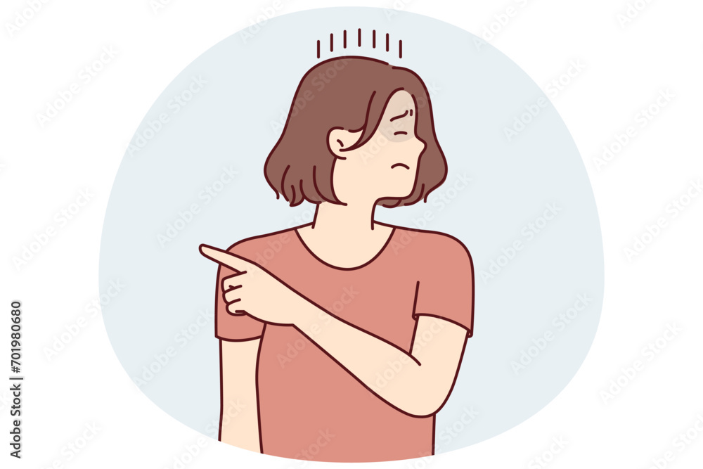 offended woman turns away and closing eyes points finger to side after quarrel or insults. Depressed girl in casual t-shirt is sad after job loss or lack of career growth. Flat vector illustration offended woman turns away and closing eyes points finger to side after quarrel or insults. Depressed girl in casual t-shirt is sad after job loss or lack of career growth. Flat vector illustration