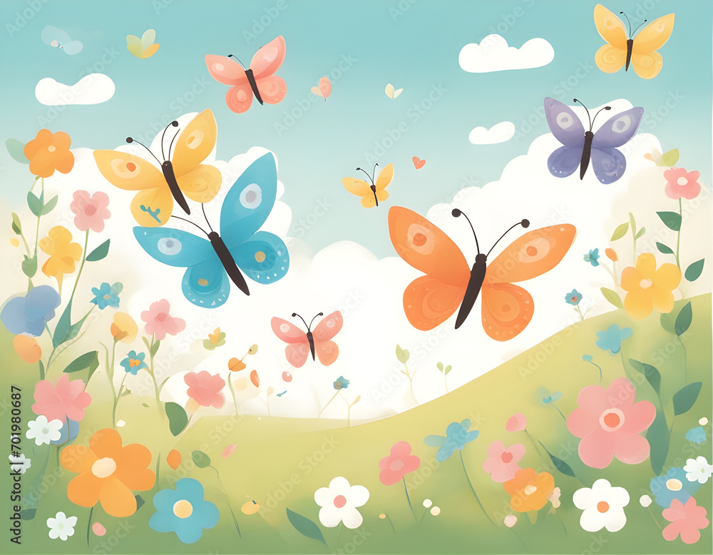 Butterfly on flower field cartoon
