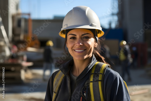 One female construction worker wearing a white helmet, smiling and looking at the camera, standing on a construction site. Architectjob in the industry, engineer lady workplace inspection