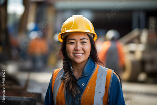 One Asian female construction worker wearing a yellow helmet, smiling and looking at the camera, standing on a construction site. Architect job in the industry, engineer lady workplace inspection