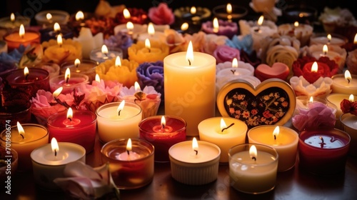 A mix of different shapes and sizes of candles tered on a table, each one uniquely crafted and a symbol of the couples love and creativity. photo