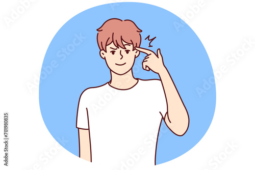 Man touches temple with finger wanting to show presence of idea or important thoughts. Young guy in t-shirt with smile makes gesture of gun by bringing hand to head. Flat vector image