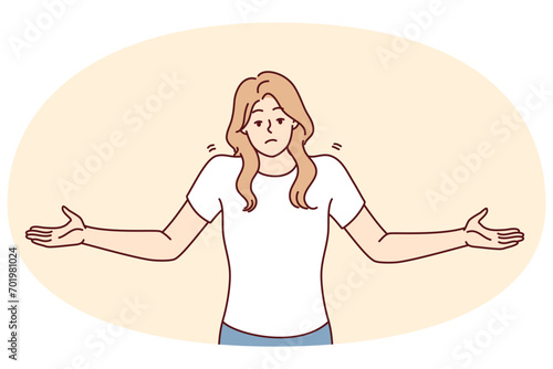 Unsure woman throws up hands demonstrating lack of correct answer to question asked. Non-professional girl in casual clothes shows lack of solution to problems that have arisen. Flat vector image