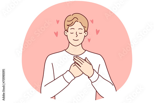 Enamored man puts hands on chest demonstrating romantic mood and closes eyes remembering girlfriend. Good-natured guy makes gesture of mercy calling to be volunteer. Flat vector illustration