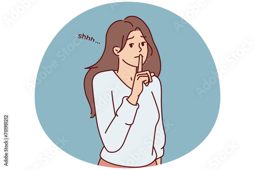Modest woman puts finger to lips, wanting to keep secret or calm interlocutor who speaks loudly. Beautiful girl teacher makes gesture of silence to calm schoolchildren before lesson. Flat vector image