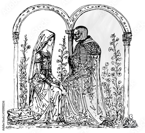 Woodcut style illustration of a medieval maiden wearing veil visiting death (disguised as a knight) in a garden. Arch motif with plants, hand drawn illustration.