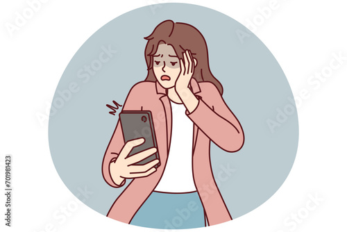 Frightened woman looks into mobile phone after seeing unpleasant SMS message. Girl selling from bullying in social networks reading unpleasant comments through smartphone. Flat vector illustration