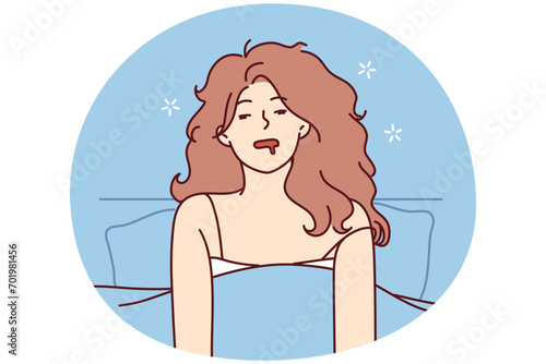Disheveled woman in nightgown sits in bed after abrupt awakening or unpleasant dreams. Girl has problems sleeping and cannot fall asleep or is sick with sleepwalking. Flat vector illustration