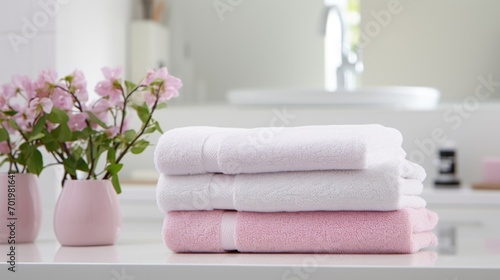 A crisp white bathroom with soft pink towels neatly folded on the counter, adding a subtle pop of color to the clean and minimalist space.