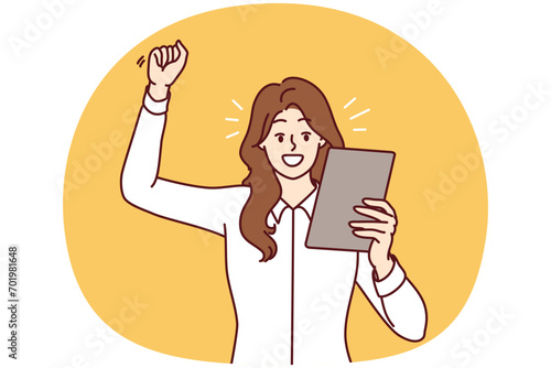 Happy woman raising hand making victory gesture and looking at electronic tablet. Positive businesswoman in white shirt rejoices after reading e-mail message from partners. Flat vector design