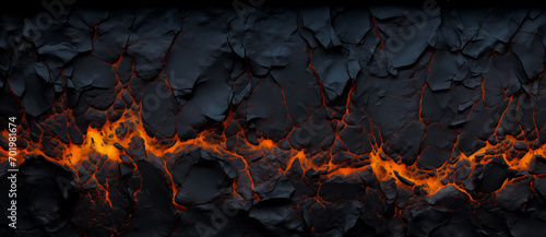 Halloween molten lava texture background. Burning fire coles concept of armageddon hell. Fiery lava and rock backdrop with atmospheric light, grunge glowing texture wide banner by Vita photo