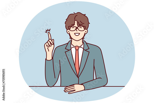 Inspired man manager pointing finger up while coming up with idea to increase company profits. Guy in business suit raises hand and wants to speak during meeting with colleagues. Flat vector design