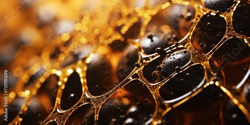 A visually appealing shot revealing the tantalizing web of golden, honeylike droplets clinging to the surface of a frosty bottle of craft mead, indicating its luxurious sweetness.