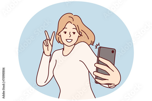 Happy woman blogger taking selfie on mobile phone to post photos on own page in social network. Cheerful girl with smartphone takes picture of herself showing letter V with fingers. Flat vector image
