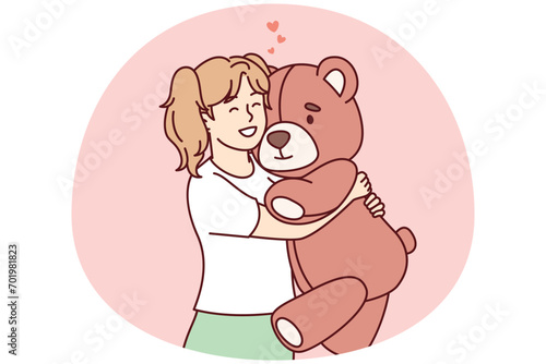 Little girl hugs big favorite soft toy and smiles feeling affection. Happy preschool child holding plush bear rejoicing at cool gift from parents or relatives. Flat vector illustration