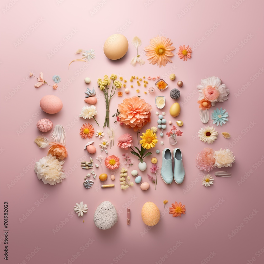 Easter composition. Easter eggs, confetti pastel pink background. Flat lay, top view