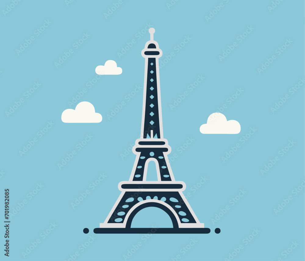 Flat pictogram of the Eiffel Tower on background of blue sky with clouds. Vector graphics