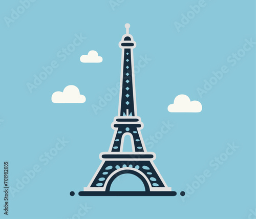 Fototapeta Naklejka Na Ścianę i Meble -  Flat pictogram of the Eiffel Tower on background of blue sky with clouds. Vector graphics