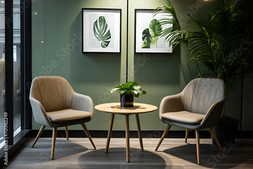 Green modern living room interior with furniture, Small meeting room in an office with two wicker chairs and two tables