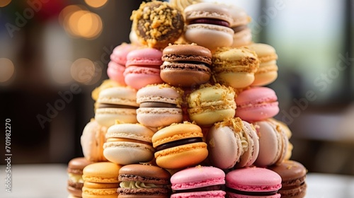 A intricately decorated macaron tower, with a variety of flavors and colors stacked carefully atop one another.