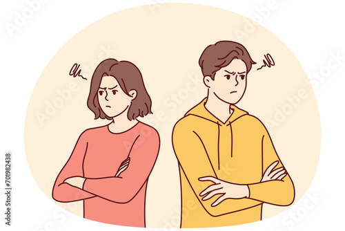 Man and woman stand in offended pose after quarrel or disagreement not wanting to communicate. Young family of guy and girl look in different directions with displeasure. Flat vector design