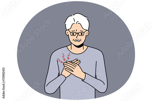 Unhealthy mature grandfather suffer from heart problems. Unwell sick old man touch chest struggle with cardiac arrest. Elderly healthcare. Vector illustration.