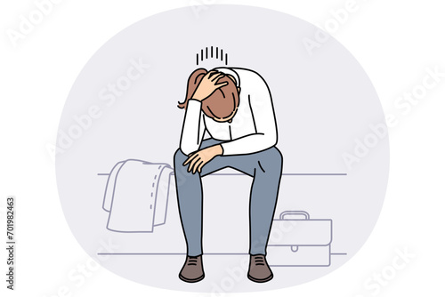 Distressed young woman feel low and depressed at work. Unhappy female employee suffer from burnout or depression at workplace. Vector illustration.