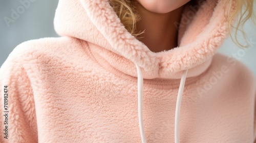 Closeup of a Peach Fuzz hooded sweatshirt, with a slightly cropped length and trendy raw edge details.