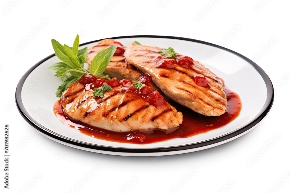 Chicken fillet grilled with tomato sauce on white background Chicken fillet grilled with tomato sauce on white background