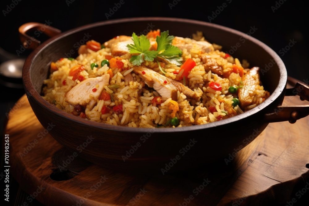 Chicken fried rice cooked and presented in a wooden setting viewed from the front Chicken fried rice cooked and presented in a wooden setting viewed from the front