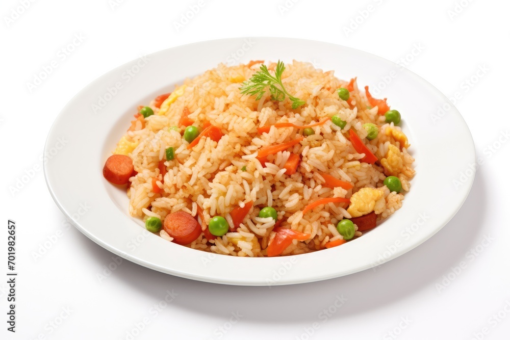 Chinese fried rice with egg vegetables served on a white plate against a white background Chinese fried rice with egg vegetables served on a white plate against a white background