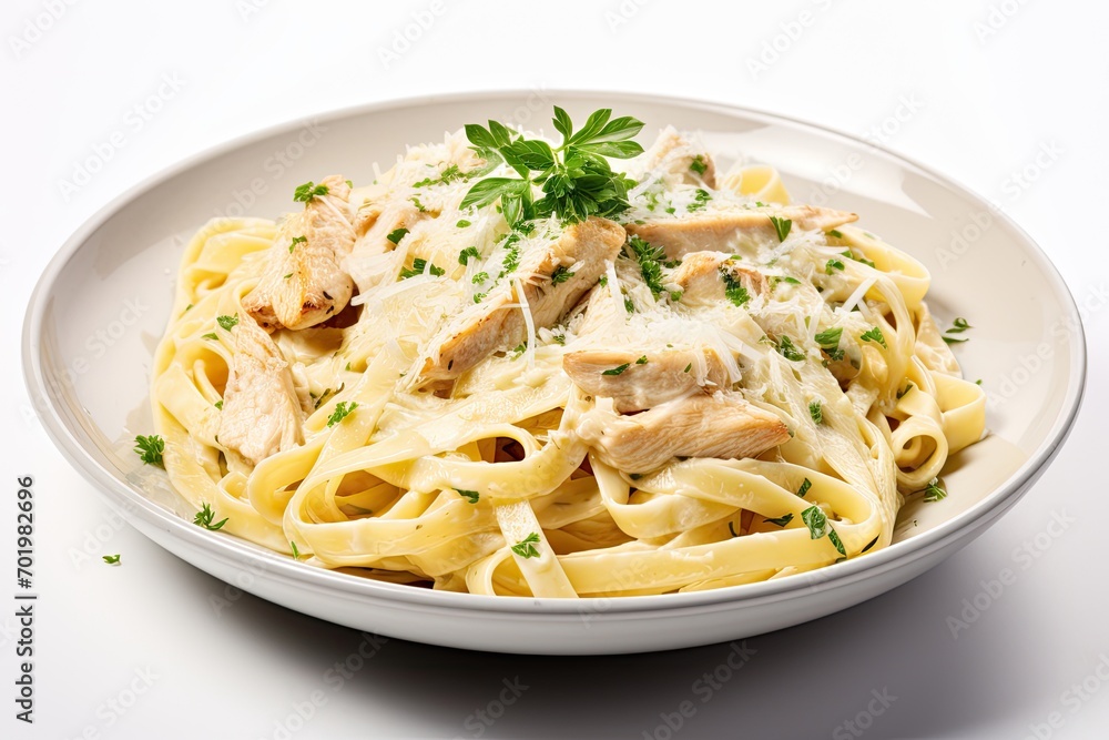 Close up of fettuccine alfredo pasta with chicken parmesan and parsley on white background Italian food